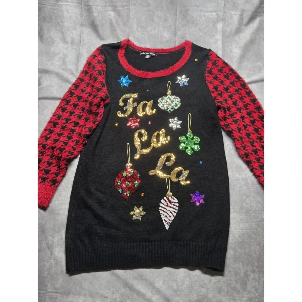 Black & Red Sequin Embellished Fa La La Long Tunic Holiday Sweater XL Sequins